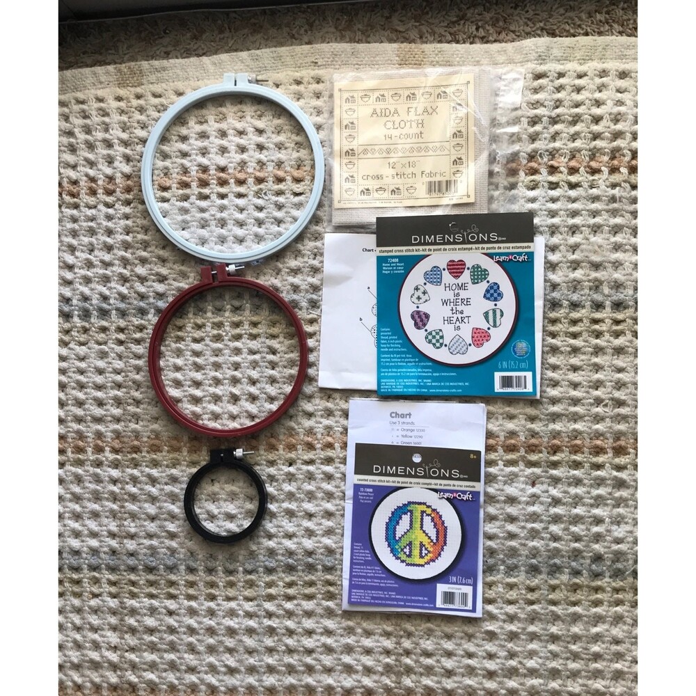 3 Embroidery Hoops 7”,6”,3” & 14-Count Flax Aida Cloth 12”X18” NEW + 2 Charts